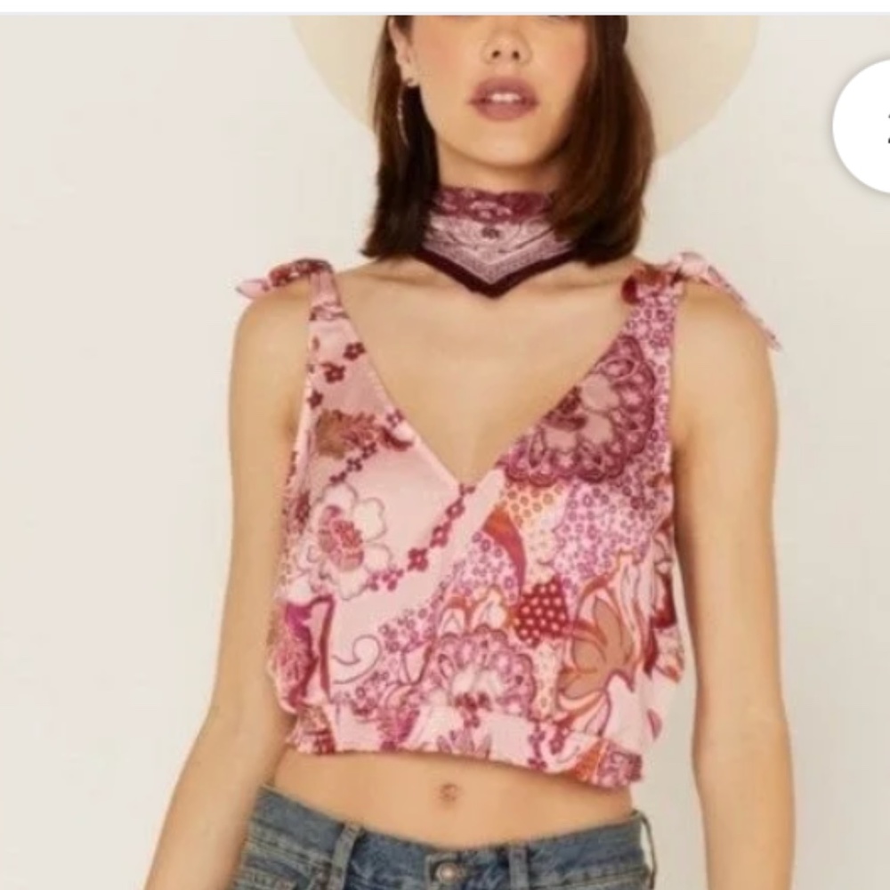 Free People Vacation Pink Satin Bow Tie V Neck Crop Top XS
